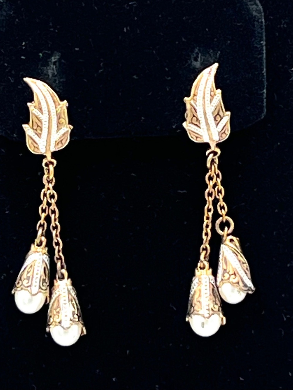 Vintage Damascene Dangle Leaf Earrings Faux Pearls Goldtone